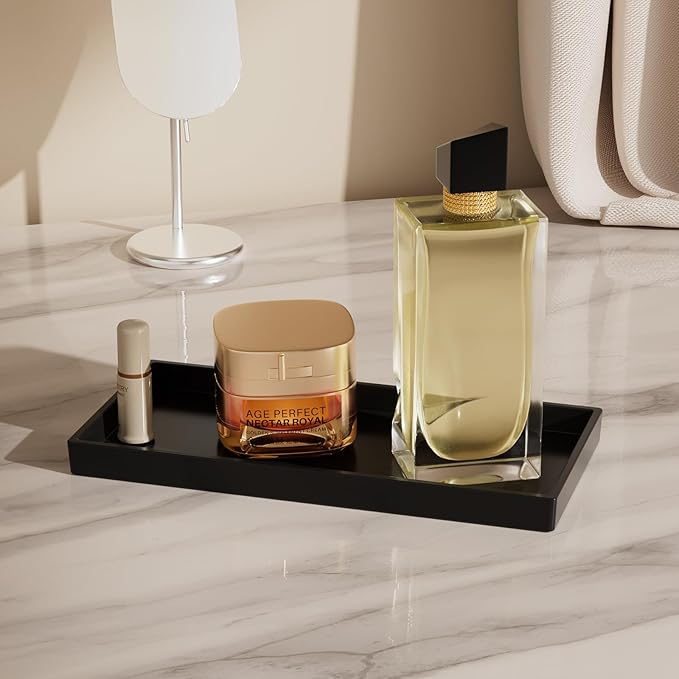 Vanity and Bathroom Tray, 9.8" ABS Countertop Organizer,Waterproof Vanity Tray for Toilet Tank,Perfume,Soap,Keys,Bathroom Accessories,Kitchen and Bath Trays,Non Slip Small Trays,Black