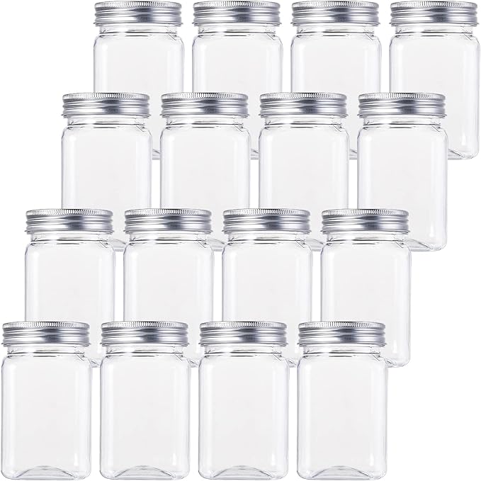 Bekith 12oz Clear Plastic Jars with Lids, Set of 16 Airtight Container for Food Storage, Refillable Square Empty Plastic Jars for Dry Food, Peanut Butter, Honey and Jam Storage