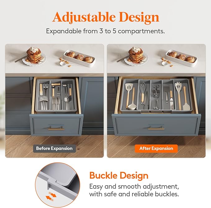 Lifewit Utensil Organizer for Kitchen Drawers, Expandable Cooking Utensil Tray, Adjustable Cutlery Silverware Flatware Holder, Plastic Kitchen Spatula Tools and Gadgets Storage Divider, 2 Pack, Gray