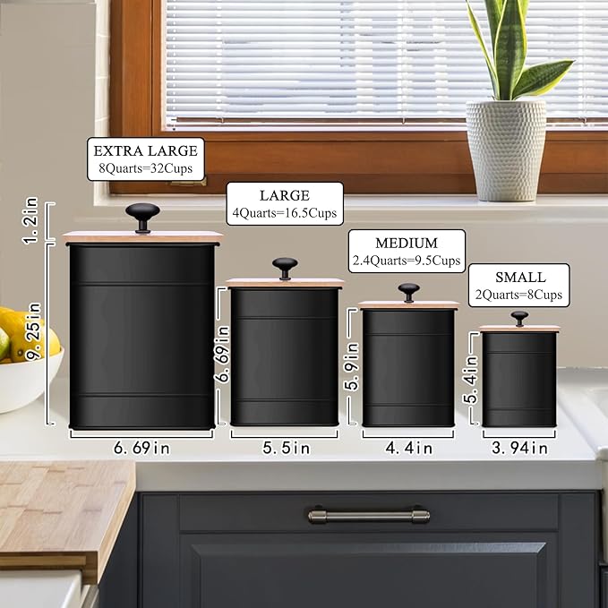 Black Canisters Sets for the Kitchen Counter,Flour Sugar Storage Containers,Metal Farmhouse Kitchen Canisters Set of 4,Coffee Tea Sugar Spice Flour Food Storage Container with Airtight Bamboo Lids