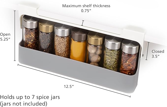 Joseph Joseph Spice Rack Organizer - Under-Shelf Kitchen Cabinet Storage Solution for Spices, Grey