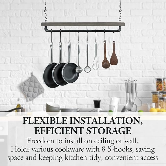 MyGift Ceiling or Wall Mounted Pot Rack with Shelf, Industrial Black Pipe and Gray Wood Hanging Cookware Utensil Organizer with 8 S-Hooks