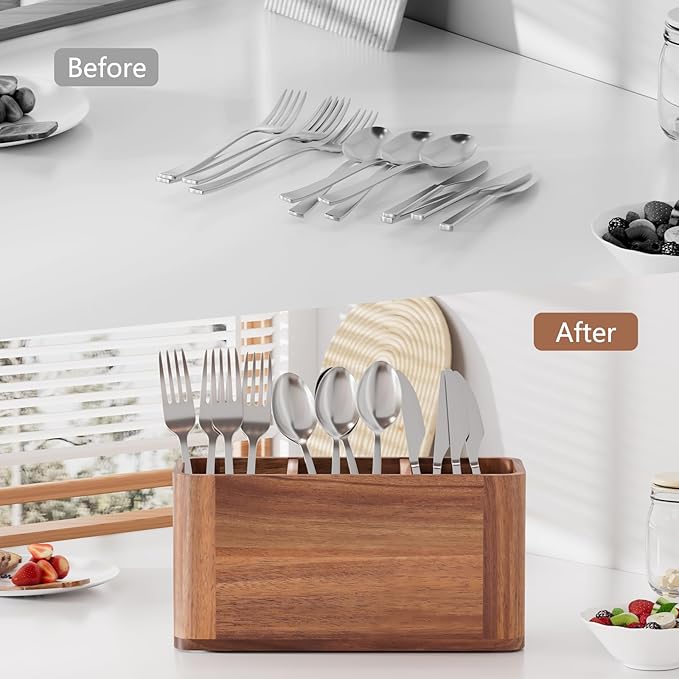 Silverware Holder, Acacia Wood Utensil Holder for Party, Silverware Organizer Countertop, Picnic Caddy for Party, Countertop, Camping