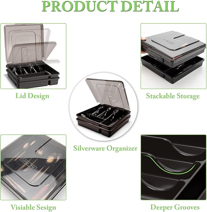 Silverware Organizer with Lid for Drawer, Plastic Utensil Holder for Countertop, Flatware Organizer Cutlery Tray with Cover 5 Compartments (2 Layer-Black)