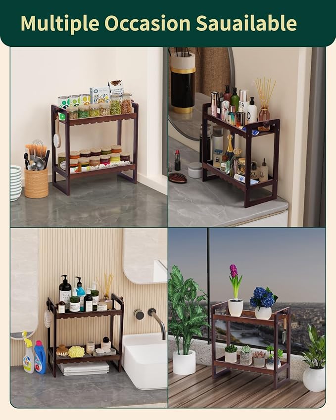 Countertop Organizer, Bamboo Spice Rack Organizer for Pantry, 2 Tier Kitchen Counter Shelf, Coffee Station Organizer,Teak