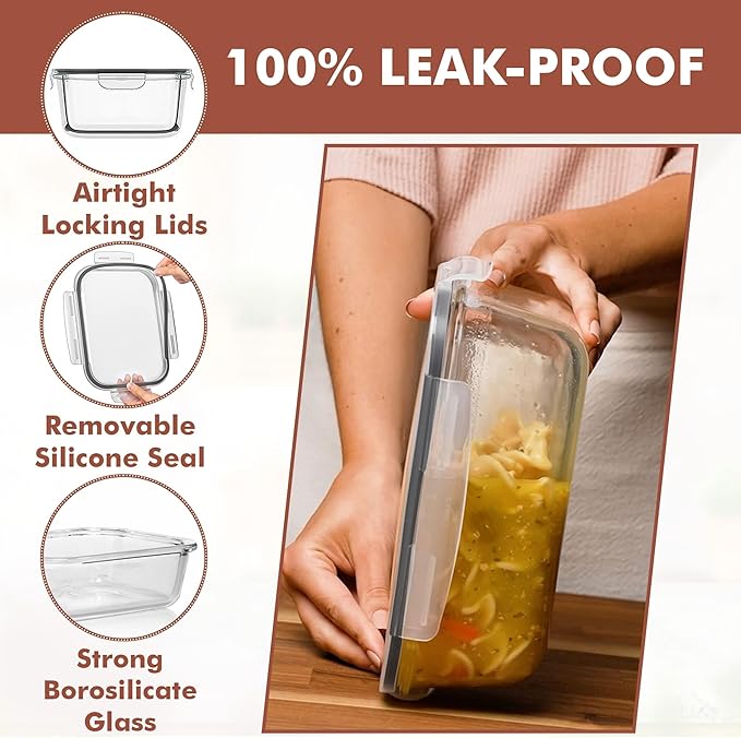 Razab 2700ml / 92 Oz / 11 Cups Large Glass Food Storage Containers with Lids - Leakproof, BPA-Free Glass Meal Prep Container Ideal for Baking, Casseroles & Leftovers - Oven, Freezer, Microwave Safe