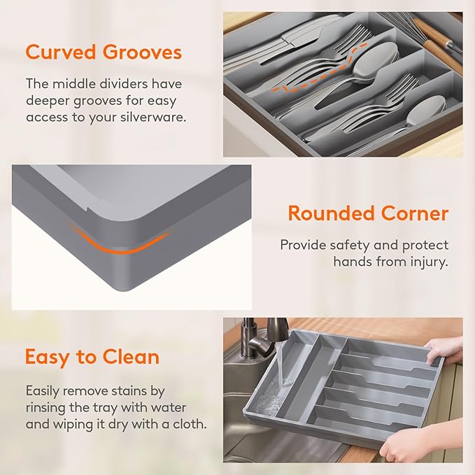 Lifewit Silverware Tray, Deep Wide Cutlery Drawer Organizer Storage for Kitchen, Plastic Flatware Utensil Holder Divider for Spoons Forks Knives Tableware, 7 Compartment, Gray