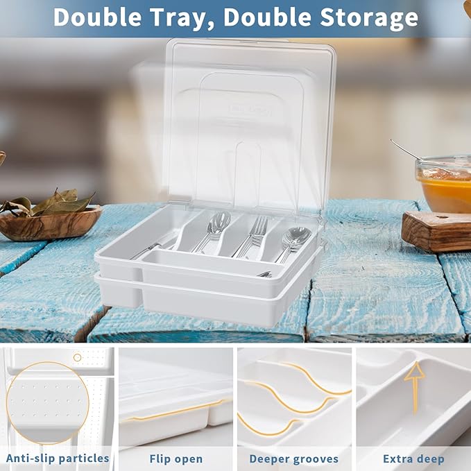 2 Layer Large Silverware Tray with Lid,Stackable Utensil Organizer for Countertop,Removable Tray for Flatware Organizer, White