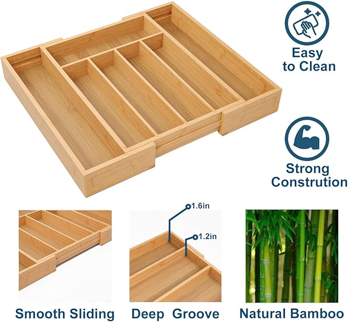 Expandable Kitchen Drawer Organizer,Bamboo Silverware Organizer for Utensils,Adjustable Flatware Tray (13.77 * 10.23~16.53 * 1.96)