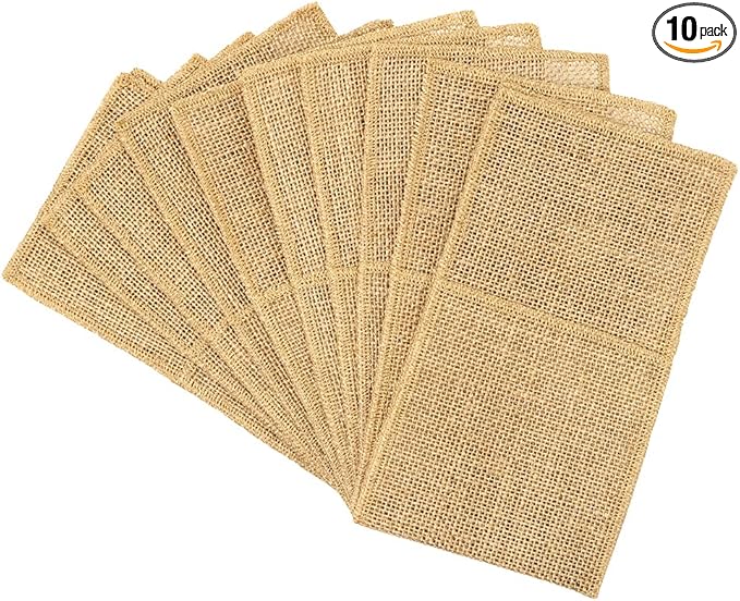 AOKQYA 10PCS Burlap Utensil Holder Pouch Rustic Jute Silverware Organizer for for Weddings, Picnics & Kitchen Reusable Cutlery Caddy with Pockets(Natural)