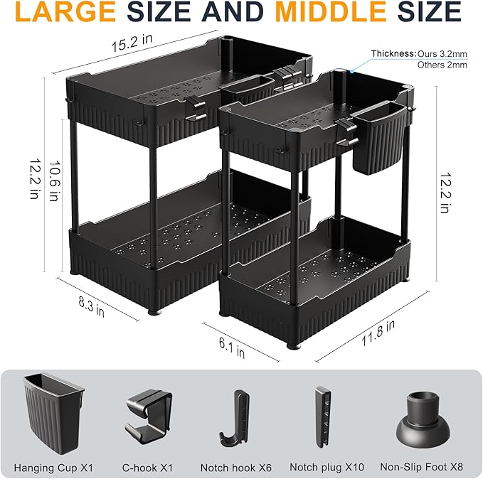 4 Pack Under Sink Organizers and Storage,Under Bathroom Cabinet Organizer with Hooks Hanging Cup,Multi-Purpose Storage Shelf for Kitchen Bathroom,Black (4 Pack Black)