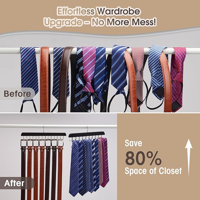 1 Tie Rack & 1 Belt Hanger for Closet, Wooden Tie Hanger for Men with 20 Hooks & Belt Organizer with 14 Hooks, 2 Pack Multi Functional Storage Organizer, Space-Saving