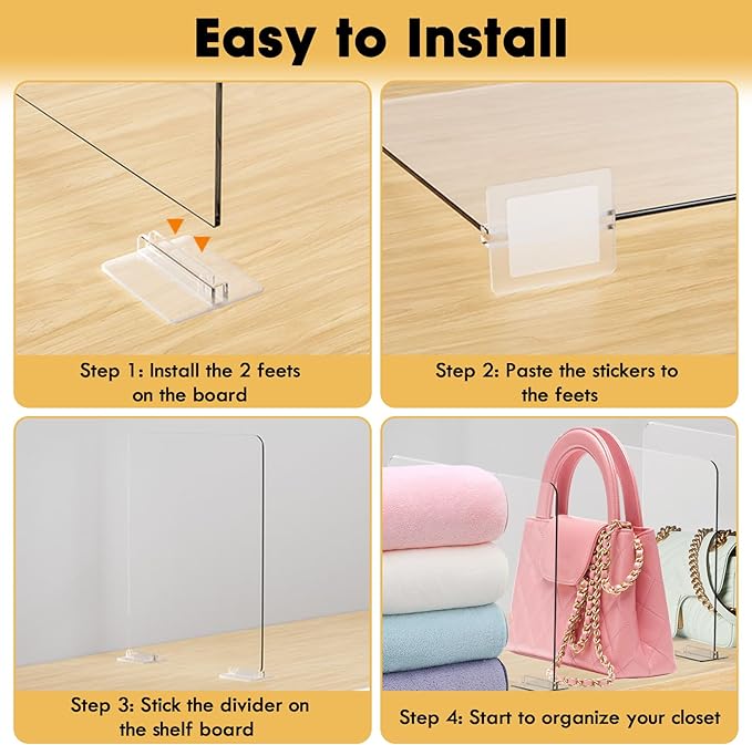 SSAWcasa Acrylic Shelf Dividers, 8 Pack Closet Organization Shelf Organizer for Any Thickness Wood Shelves, Clear Adjustable Purse Bag Sweater Shelving Separator for Bedroom Cabinet Office Storage