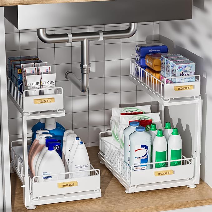 Under Sink Organizer, High Adjustable 2 Tier Under Kitchen Sink Organizer, Multi-Purpose Storage Shelf for Kitchen Bathroom Cabinet, White