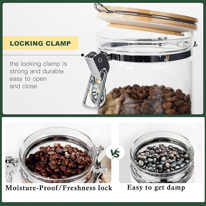 KKC HOME ACCENTS Airtight Borosilicate Glass Loose Leaf Tea & Coffee Beans Storage Jars with Bamboo Clamp Lid & Scoop - Glass Storage Canisters for Brown Sugar, Matcha, Pantry Organization - 27 Fl.Oz
