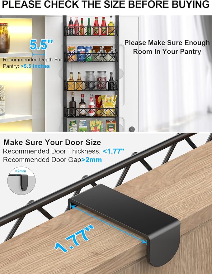 6-Tier Over the Door Pantry Organizer, Pantry Organizers and Storage, 6+1 Metal Hanging Wall Mount Spice Rack for Kitchen Behind the Door Storage Organizer with Adjustable Basket