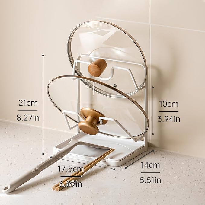 Pot Lid Holder, 2 Tier Pan Lid Holders While Cooking, Lid and Spoon Rest for Kitchen Counter, Pot Lid Organizer Stand with Drip Tray, Pot Lid Rack Kitchen Utensil Holder Rest, White