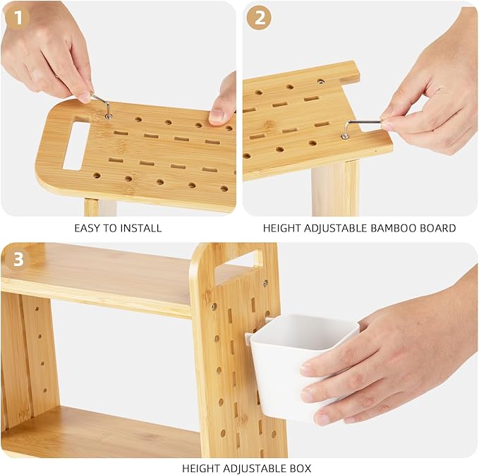 Spice Rack with Pegboard & Accessories for Kitchen Counter, Desk Organizer for Corner, Plants Rack 2-Tier, Kitchen Counter Shelf with Plastic Storage Box, Bamboo