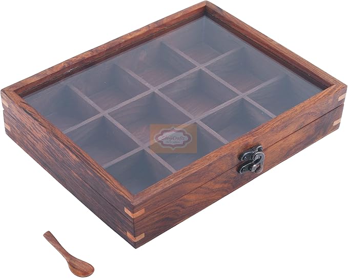 Ortus Arts Wood table top 12 Compartment Spice Box with Spoon - Wooden Masala Box Set for Kitchen Masala Daani Namak Dani Dabba Multipurpose Decorative Boxes Holder