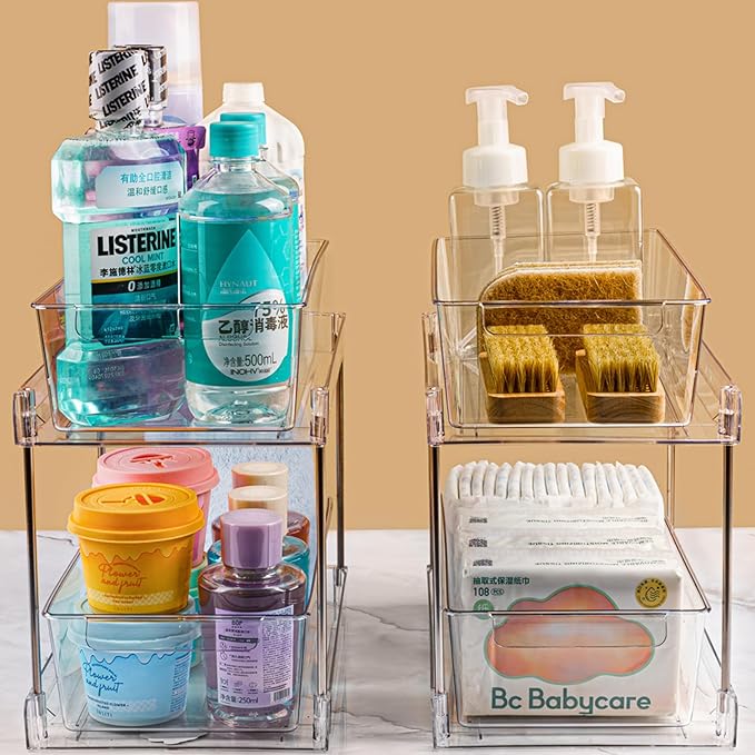 2 Pack 2-Tier Bathroom Under Sink Organizers and Storage - Clear Stackable Containers for Kitchen, Pantry, Vanity, Medicine Cabinet, Makeup, and Counter with Pull-Out Track