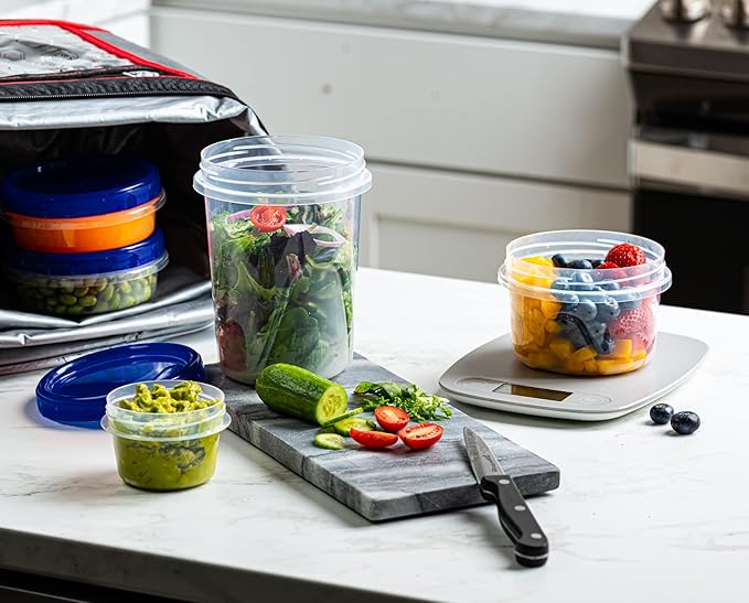Twist Top Deli Containers Food Storage Containers Blue Screw on Lid Reusable Stackable Leakproof Airtight, pack of 10-32 oz containers