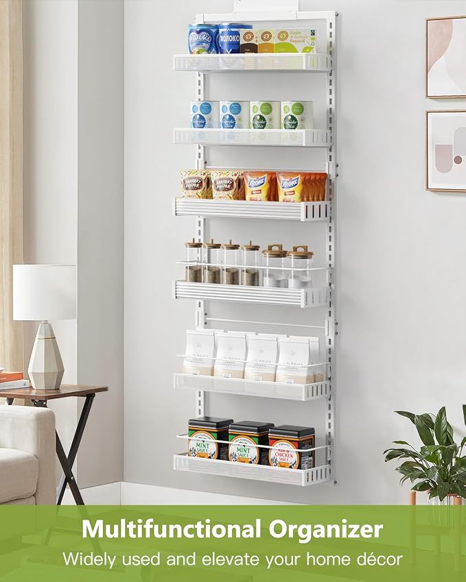 6-Tier Over The Door Pantry Organizer, 2 in 1 Large Door Spice Rack with Adjustable Metal Baskets, Heavy Duty Hanging or Wall Mounted Storage Organizer for Kitchen Pantry and Room Wall