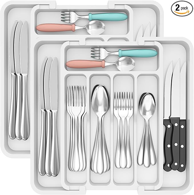 Lifewit Silverware Drawer Organizer, Expandable BPA Free Utensil Tray for Kitchen, Adjustable Flatware and Cutlery Holder for Spoons Forks Knives, Plastic Kitchen Organizers and Storage, White