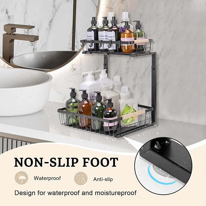 2 Pack Under Sink Organizer, Sliding Cabinet Basket Organizer 2 Tier Under Bathroom Storage Rack with Hooks, Hanging Cup, Dividers, Multi-purpose Storage Shelf for Bathroom Kitchen, Black