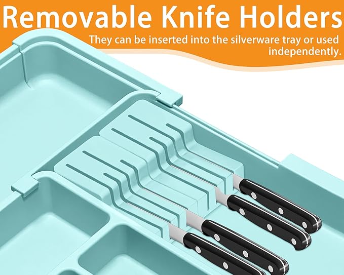 Homecor Silverware Organizer - Expandable Large Kitchen Drawer Organizer Utensil Organizer with 2 Knife Block Inserts, 22"x 19"Cutlery Tray with Drawer Dividers for Kitchen Flatware (Turquoise)
