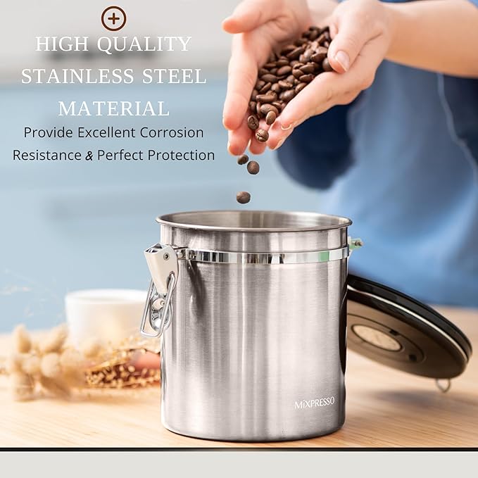 Mixpresso 16 Oz Coffee Canister with Scoop Stainless Steel Airtight Coffee Container, Ground Coffee Bean Storage with Date Tracker, Vacuum Sealed Espresso Airtight Container Coffee Jar Sugar Container