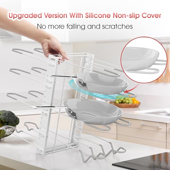 G-TING Pot Rack Organizers, 8 Tiers Pots and Pans Organizer for Kitchen Organization & Storage, Adjustable Pot Lid Holders & Pan Rack, Lid Organizer for Pots and Pans with 3 DIY Methods(White)