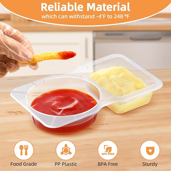 10 Pack Leak-Proof Dual Compartment Containers with Lids, Reusable Sauce Cups for Dips, Condiments, Snacks, Salads – Ideal for Catering, Parties & Takeout