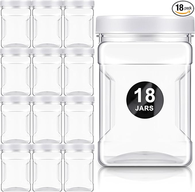 Gerrii 18 Pcs Clear Plastic Storage Jars with Lids, 27 oz Square Plastic Containers, Paint Storage Containers with Easy Grip Handles, Reusable Wide Mouth Canisters