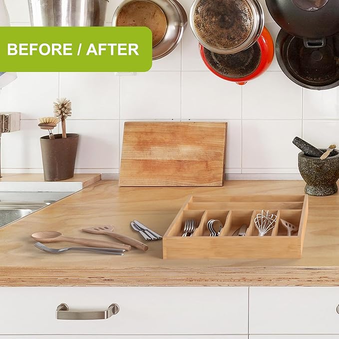 Sliverware Organizer, Bamboo Kitchen Drawer Organizer, Flatware Organizer Tray Holder for Sliverware, Utensil & Cutlery (7 Slots, Natural)