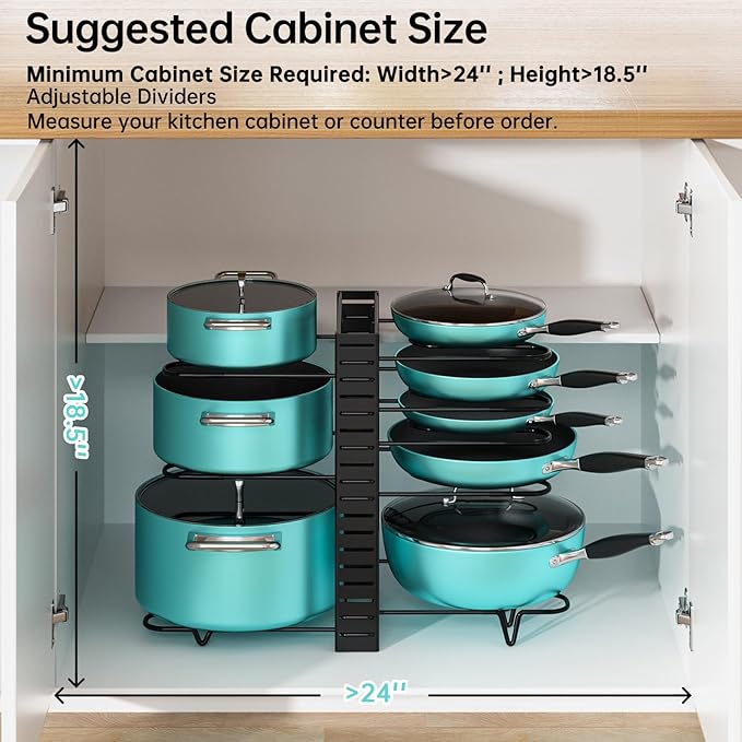 MUDEELA Pots and Pans Organizer Rack under Cabinet with 3 DIY Methods, Adjustable Pot Pan Rack with 8 Tiers for Kitchen Cabinet Organizers and Storage