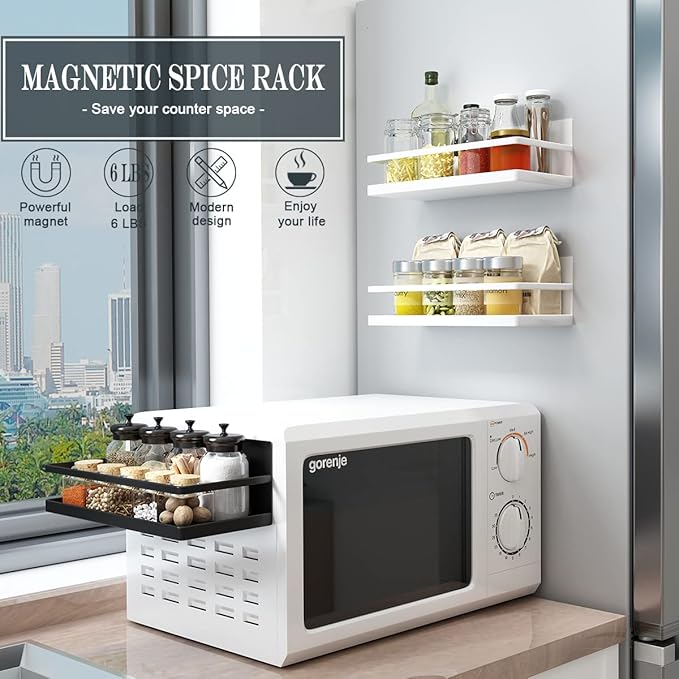 Magnetic Spice Rack Organizer Single Tier Refrigerator Spice Storage Shelf, Easy to Install The Side of The Refrigerator Can Hold spices, Jar of Olive Oil (White, 2 PACK)