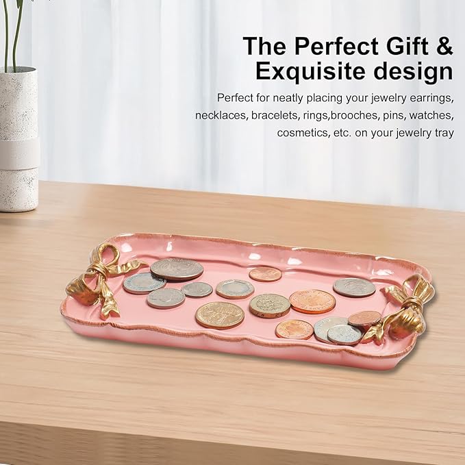 Vintage Decorative Tray Jewelry Tray Towel Tray Storage Tray Rings Necklace Bracelets Earrings Trays Cosmetics Jewelry Organizer Retro Design Bow Decor Resin Plate Coquette Room Decor (Pink)