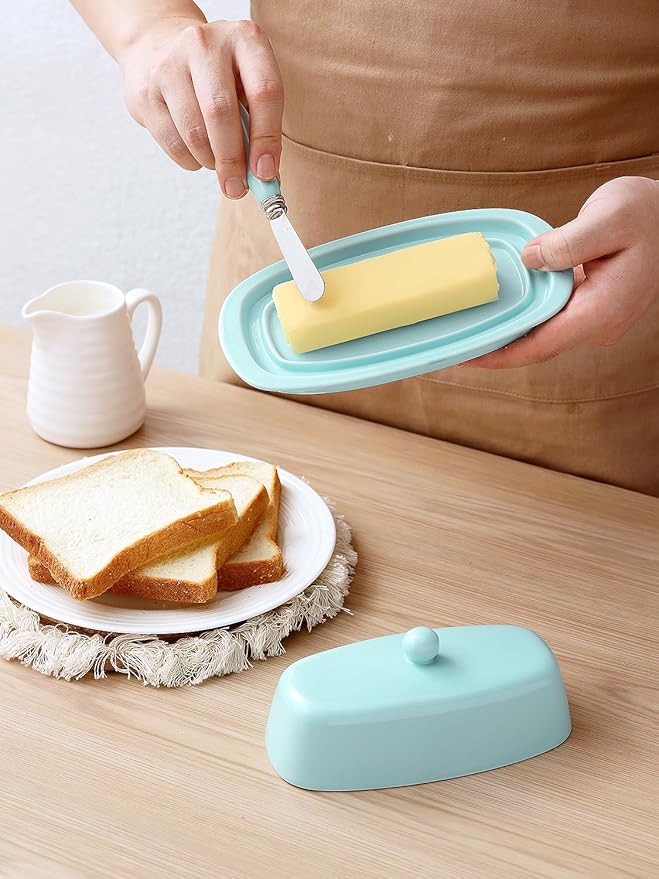 Yedio Ceramic Butter Dish with Lid for Countertop Refrigerator, 8 Inch Butter Holder with Porcelain Cover Knob Handle for East West Coast Butter Stick, Turquoise