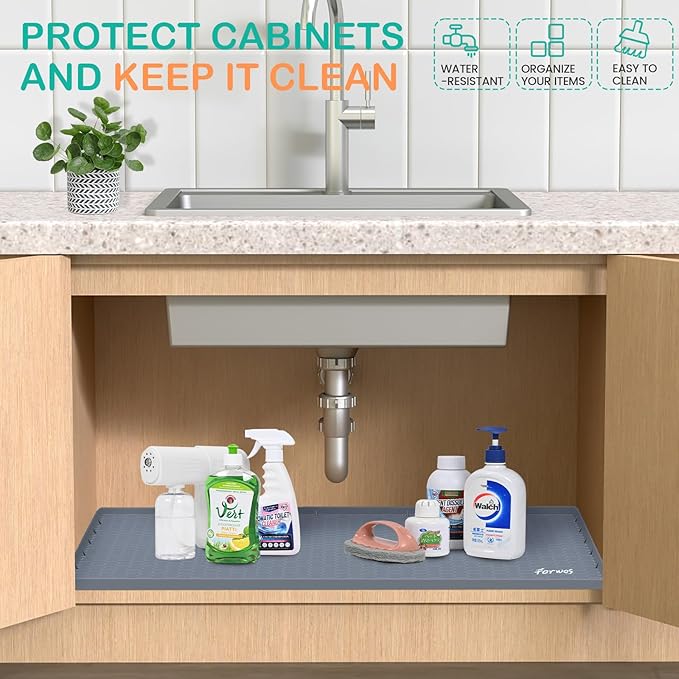 Waterproof Under Sink Mat 31" x 22", Silicone Cabinet Liner, Rubber Protector for Kitchen and Bathroom, Keeps Cabinets Clean, Dry, and Organized (Grey)