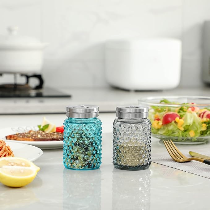EVEREST Hobnail Salt and Pepper Shakers Glass Set of 2, 4.0 OZ with Salt Shaker Adjustable Stainless Steel Lid-Glass Spice Jars,Strong and durable Best Kitchen Decoration