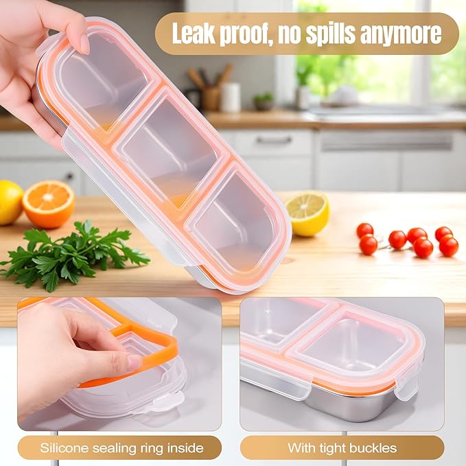 Stainless Steel Snack Containers - Reusable 3 Compartment Condiment Box with Lids for Kids Adults, Grab and Go Divided Snack Food Storage Containers Sauce Cups for School, Travel