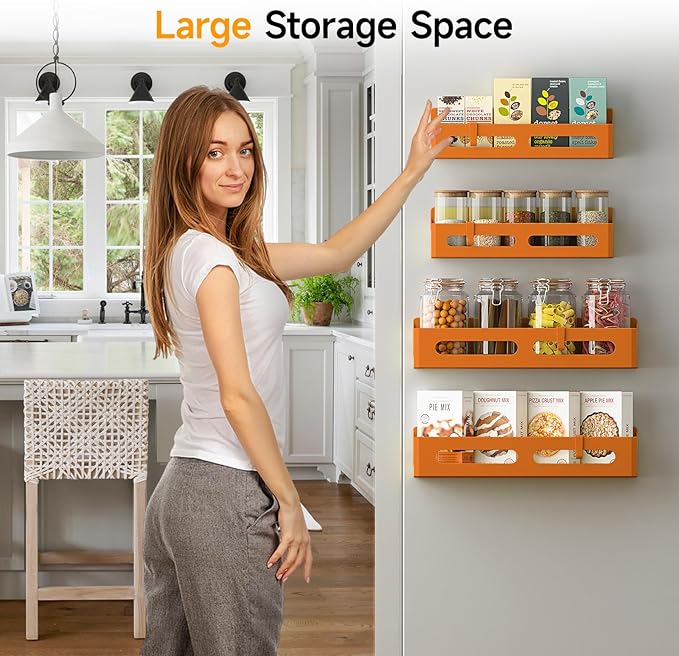 4 Pack Magnetic Spice Rack for Refrigerator, Spice Rack Organizer, Moveable Magnetic Shelf Fridge Organizer with 4 Hooks for Kitchen and Oven Organization, Orange
