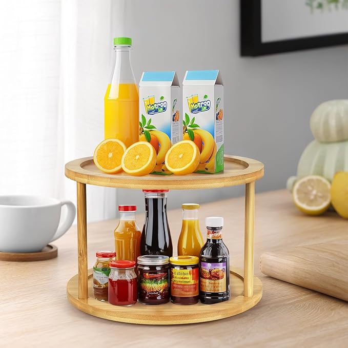 HomeMall Bamboo Lazy Susan Turntable Organizer, 2 Tier Lazy Susan Spice Rack Kitchen Turntable for Kitchen Countertop Cabinet Pantry Home Organization, 10''