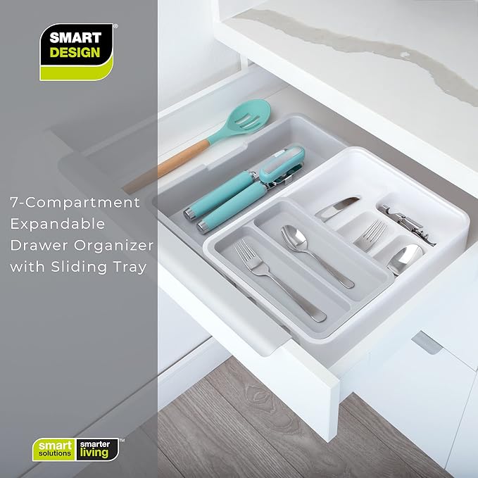 Smart Design 7 Compartment Expandable Drawer Organizer - Sliding Tray - BPA Free - Utensils, Flatware, Office, Personal Care, or Makeup Storage - Kitchen - White with Gray