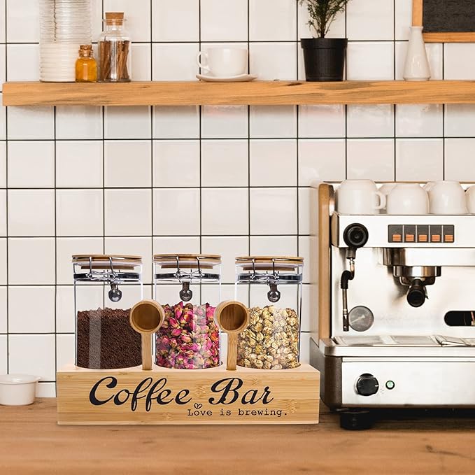 ZHAO Glass Coffee Containers with Shelf Airtight Coffee Bean Storage Jars with Locking Clamp Lid and Spoons Coffee Canister Set for Ground Coffee Sugar Tea Nuts Kitchen Food Containers