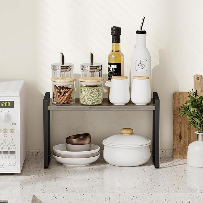 Giikin Kitchen Countertop Organizer, Wood Desk Shelf Riser, Gray Spice Rack for Kitchen Counter, Countertop, Cabinet (15.7 Inches, Gray)