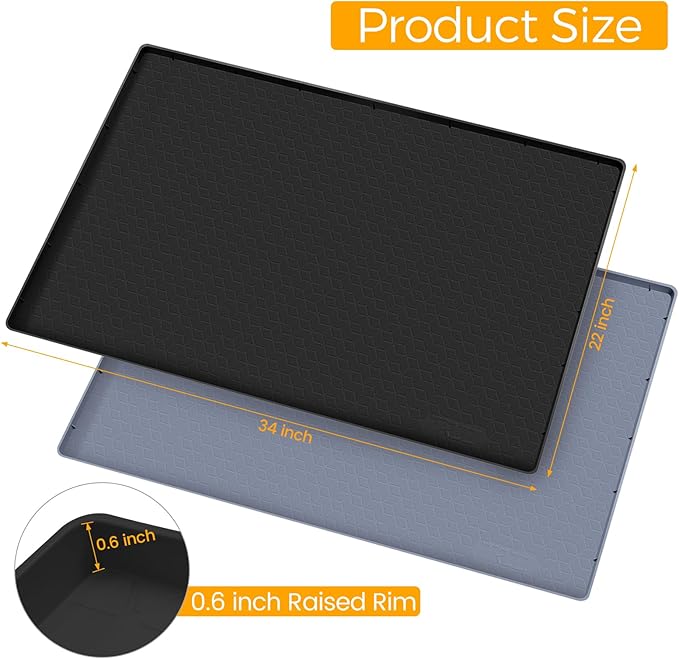 TRZZ Silicone Waterproof Under Sink Mat 34" x 22", Drip Tray and Cabinet Liner for Kitchen and Bathroom, Prevents Water Damage and Organizes Cabinets (Black)