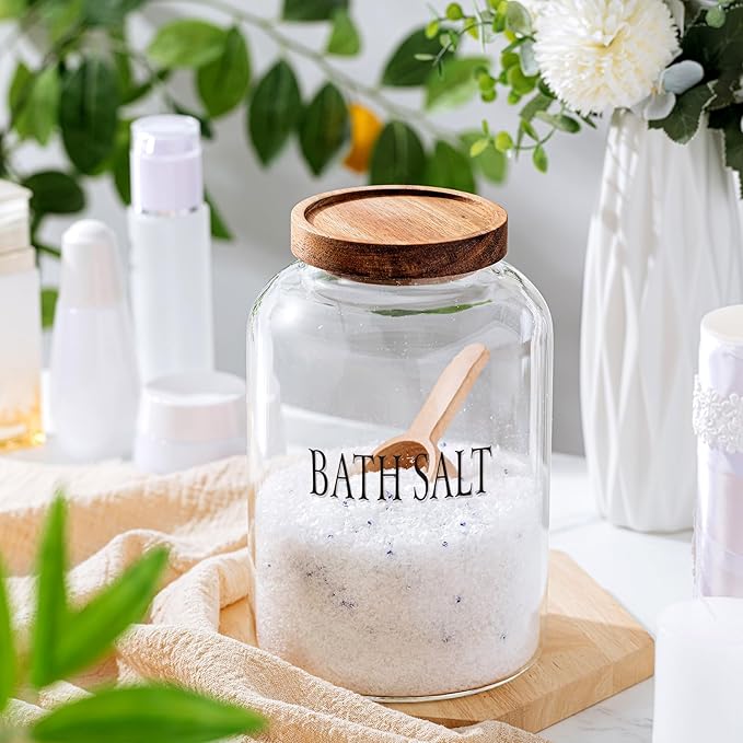 1 Sets 74 oz Large Bath Salt Container with Wooden Scoop for Glass Bath Salt Jar with Airtight Lid Storage Canister for Food, Flour, Sugar, Cookie, Kitchen