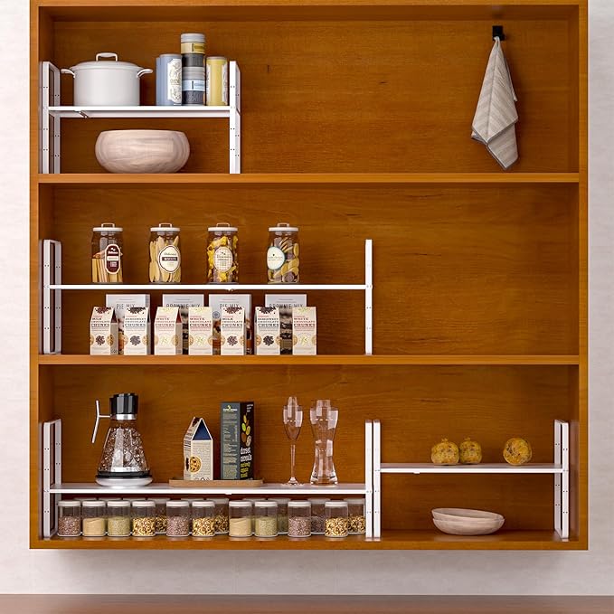 Expandable Kitchen Cabinet Shelf Organizers 2 Pack, Stackable Metal Pantry Storage Shelves Rack, Adjustable Counter Shelf for Cabinets, Countertop, Cupboard Organizers and Storage, White
