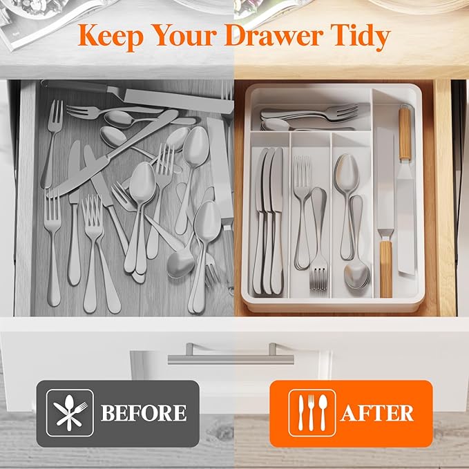 Lifewit Silverware Tray, Deep Wide Cutlery Drawer Organizer Storage for Kitchen, Plastic Flatware Utensil Holder Divider for Spoons Forks Knives Tableware, 5 Compartment, White